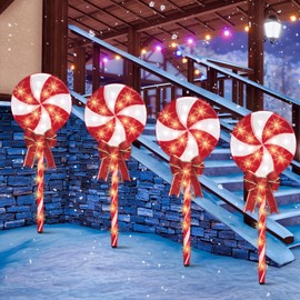 LAMPHOME 4PK 26" 160LED Lollipops Peppermint Pathway Markers Christmas Lollipops Pathway (26" 160 LED 4 Pcs)
