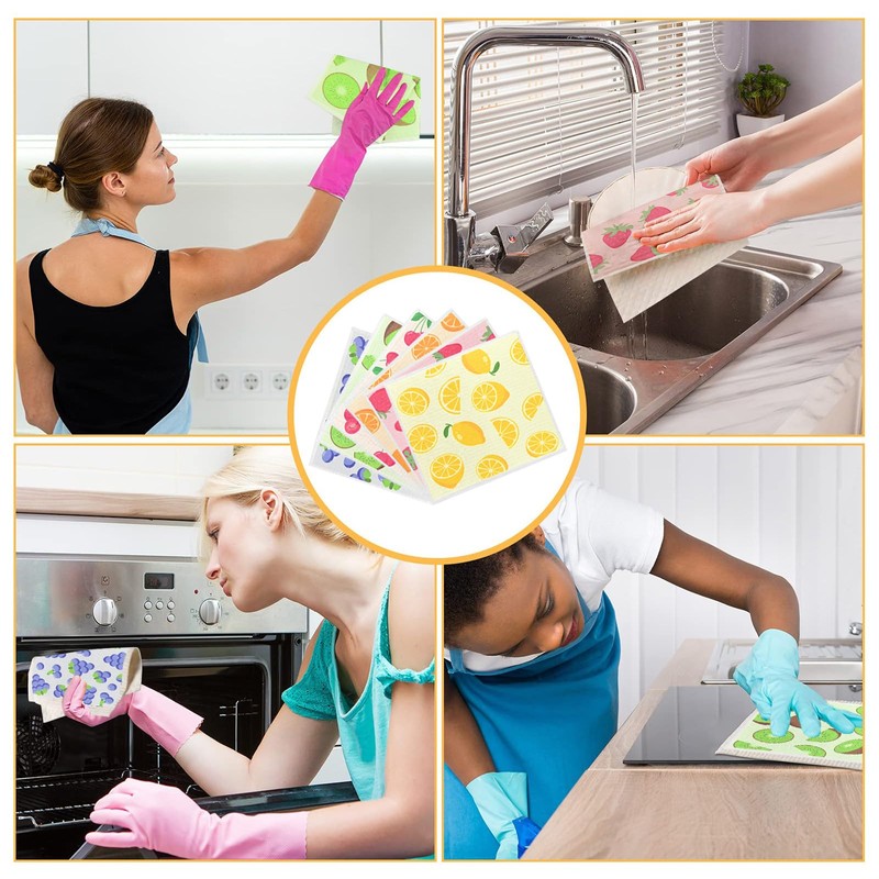 Swedish Dish Cloths 6 Pack, Reusable, Sponge Cloth Kitchen Towels,