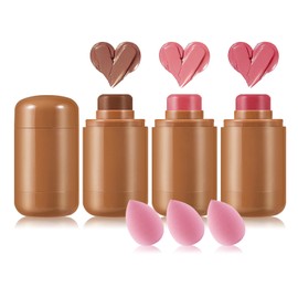 3 Colors Blush Stick with Makeup Sponges,Matte Solid Cream Blush,Multi-Use Blush Stick for Cheeks,Lips and Eye,High Pigmented Makeup Sticks Set A4