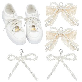 WEBEEDY 4 PCS Pearl Bow Shoe Charms for Sneakers Rhinestone Shoe Clips Pearl Bowknot Shoelaces with Spring Clasp Laces Pearl Beaded Chain DIY Shoe Lace Sneakers Accessories For Women Gift Birthday