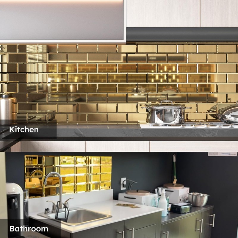 Diflart Peel and Stick Mirror Backsplash, Gold, 3x6 Inch, Beveled