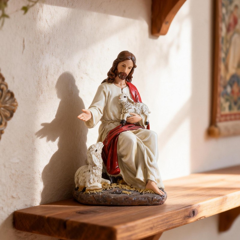 ASTARIKO The Good Shepherd Jesus Statue with Lambs, 8-Inch Resin