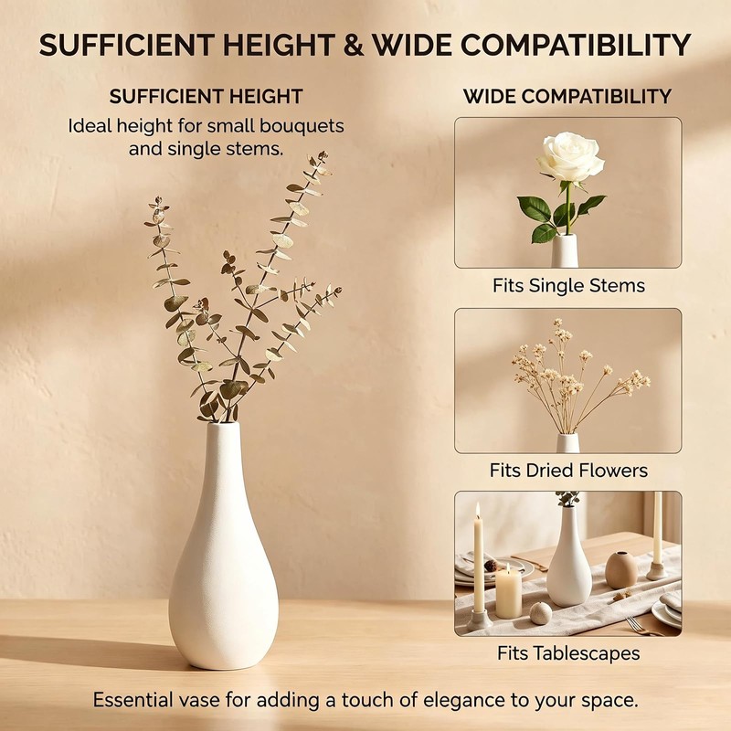 6.5 Inch White Ceramic Bud Vase Narrow Neck Small Flower