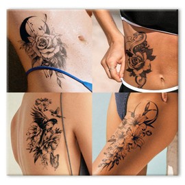 UBICA Semi Permanent Tattoos for Women, 2 Sheets Large Temporary Fake Tattoo, Lasts 7-15 Days Water-Resistant, Realistic Flower Design for Arm Thigh Back, Non-Reflective Body Art Stickers