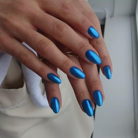 Blue Chrome Press on Nails Short Oval,SXVME Mirror Metal Almond Acrylic Fake Nails Glue on,Glitter Stick on Nails Press ons for Women,Glossy Stiletto False Nails for Daily Wear in 24 PCS