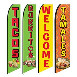 4 Swooper Flags Mexican Food Restaurant Taco Burrito Tamales Welcome Yellow Red