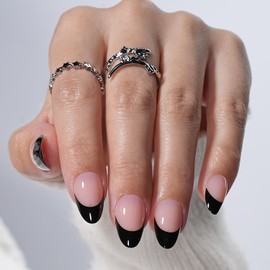 French Tip Press On Nails - Black Short Almond Fake Nails, French Tip Press On Nails Reusable Stick On Nails in 16 Sizes, 32pcs False Nail Kit for Women & Girls