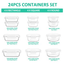 KOMUEE 24 Pieces Glass Food Storage Containers Set,Glass Meal Prep Containers-Stackable Airtight Glass Storage Containers with lids,Freezer to Oven Safe,White