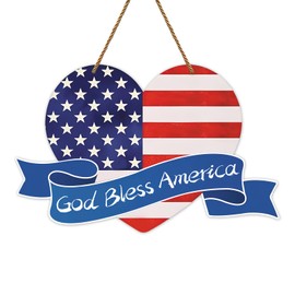 Hoblynth 4th of July God Bless America Patriotic Sign for Front Door Decor Love Heart American Stars Stripes Hanger for Porch USA Memorial Day Wreath Outdoor Indoor Wall Hanging Decoration