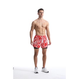 Rane Sports 2-in-1-Badeshorts für Herren, atmungsaktive schnelltrocknende Badeshorts, Strandsurf-Shorts, Roter Papagei, L