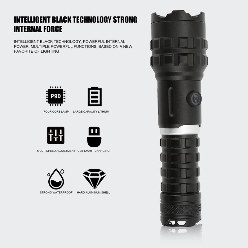 XHP90 Strong Light Flashlight with USB Cable IPX4 Waterproof 2300LM