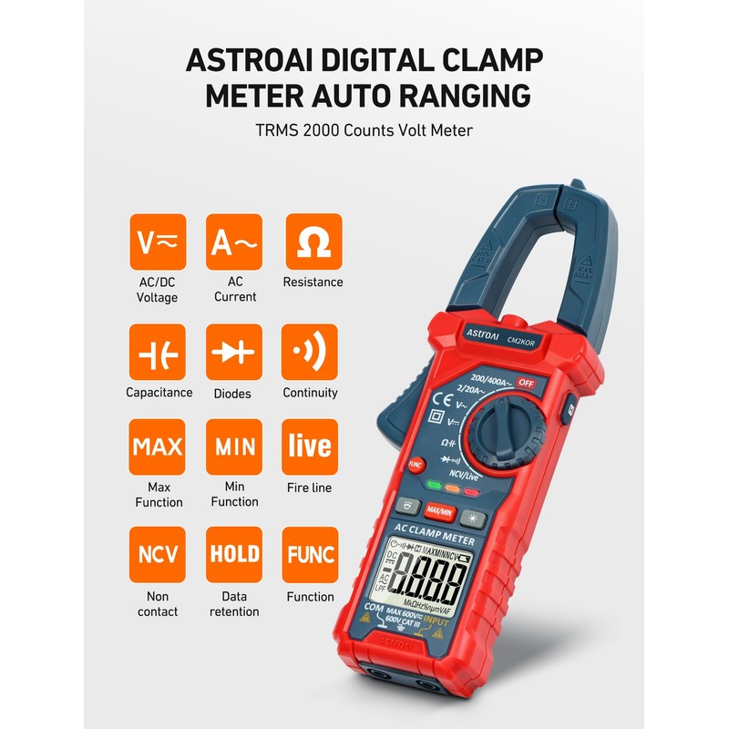 AstroAI Digital Clamp Meter Multimeter 2000 Counts Amp Voltage Tester