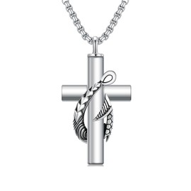 SIMONLY Cross Urn Necklace for Ashes 925 Sterling Silver Fish Hook Cremation Pendant Necklace Cross Faith Memorial Keepsake Jewelry Gifts for Women Men