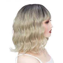 Rose bud Wavy Bob Wig Natural Wig Synthetic Hair Shoulder Length Short Curly Middle Part Lace Front Wigs for Women Ombre Blonde