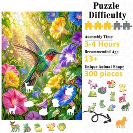 Wooden Puzzles for Adults, Unique Animal Shaped Wood Puzzles Adult, Hummingbird Wooden Jigsaw Puzzles for Adults with Exquisite Wooden Box (11x15in, 300pcs)