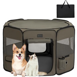 PETSFIT Dog Playpen, 36" Dia Sturdy Foldable Puppy Playpen for Dogs Cats Indoor/Outdoor, Portable Pet Playpen with Carring Case, Removable Mesh Zipper Top and Waterproof Playpen Mat Army Green M