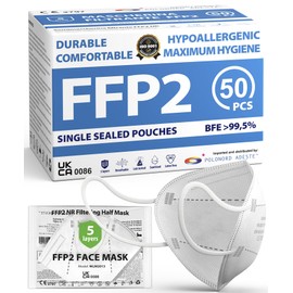 FFP2 Masks Pack of 50 - UKCA certified, controlled supply chain, comfortable, hypoallergenic, and adjustable elastic bands. Safe: filtration in wear simulation 99,5%. Single sealed pouches