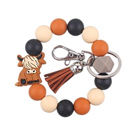 Brown Cowgirl Cowboy Gifts Wristlet Keychain Bracelet Cute Highland Cattle Silicone Bead Tassel Keyring Pendants Charm Accessories for Women Bag Car Key Western Country Cow Yak Jewelry