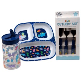 Kids Space & Dinosaur Dinnerware Set - Divided Plate Cup and Metal Cutlery Set