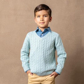 Hope & Henry Boys' Organic Long Sleeve Fine Gauge Cable V-Neck Sweater, Medium, Dusty Blue Heather Cable