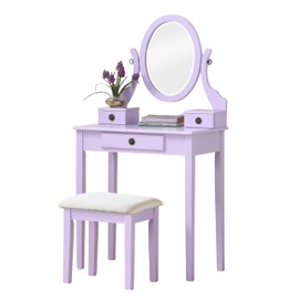 Roundhill Furniture Moniys Wood Moniya Makeup Vanity Table and Stool Set, Purple
