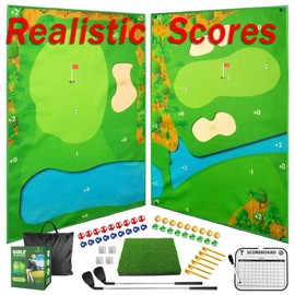 Battle Golf Game - Dual-Sided Mat, Realistic Course Design & Scoring System, Adjustable Height Clubs - Thick Grass-Like Chipping Mat for Indoor/Outdoor Family Golf Activity (2 Clubs, 36 Balls)