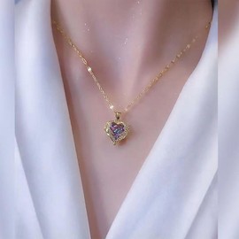 Dervivea Boho Amethyst Heart Pendant Necklace Gold Amethyst Heart Necklace Amethyst Heart Choker Necklace Purple Crystal Heart Chain Necklace Love Heart Collar Necklace Jewellery for Women, Zinc, No