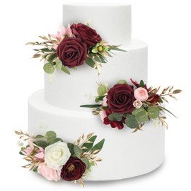 Rinlong Decoración para tartas, flores de borgoña, decoración para tartas de boda, decoración para tartas de cumpleaños