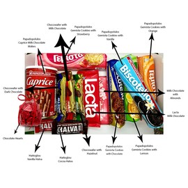 Delicious Greek Easter Gourmet Gift Basket Selection of Caprice Milk Chocolate Wafers, Haitoglou Halva, Papadopoulos Gemista Cookies with Chocolate, Vanilla/Lemon/Orange/Strawberry, & Milk Chocolates