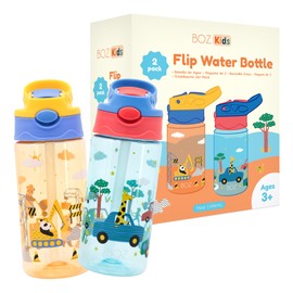 BOZ Flip Water Bottles for Kids 2-Pack - Boys' Cars & Construction Designs, 14 oz, Push Button Pop-Up Straw, Dishwasher Safe, Toddler Leak Proof Water Bottle
