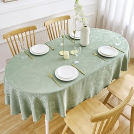 EFFICINATURE Oval Tablecloth 60x84 Inch Green Table Cloth Leaves Pattern Scalloped Edge Silky Soft Fabric Waterproof Wrinkle Free Washable Table Cover for Kitchen Dinning Party Decoration