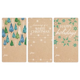 DISTINCTIVS Blue and Green Trees Christmas Gift Tags on Kraft, Self-Adhesive Stickers – 75 Labels, Wintry White Snowflakes, Blue and Green Foliage Holiday Gift Wrap Tags