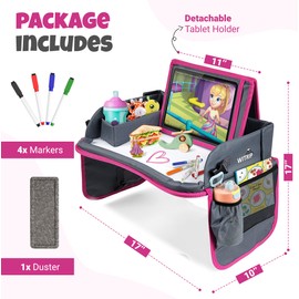WITRIP Kids Travel Tray with Dry Erase Board, Travel Tray for Kids Car Seat, Carseat Table Trays for Toddler, Kid Activity Desk for Air Travel, No-Drop Tablet Holder & Borders (Pink Frame)