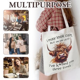Onperpoe Highland Cow Canvas Tote Bag, Foldaway Shopping Bags with Funny Highland Cow Design, Reusable Grocery Cloth Bag Highland Cow Gifts Cotton Tote Bag for Shopping Travel Work Daily