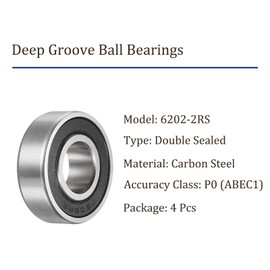 Kozelo Pack of 4 6202-2RS Deep Groove Ball Bearings - [15 mm Bore x 35 mm Outer Diameter x 11 mm Thickness] Double Sealed P0 Bearings for Industrial Devices, Carbon Steel, Z1