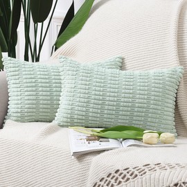 Madizz Pack of 2 Boho Striped Corduroy Throw Pillow Covers 12x20 inch, 30x50 cm, Light Green Soft Decorative Cushion Cover for Sofa Bedroom Pillow Shell