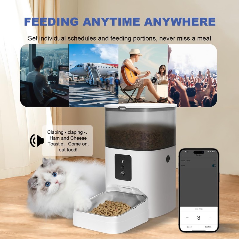 2.4G WiFi Automatic Cat Feeder, 4L Food Dispenser with 10s