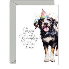 Birthday Cards for Auntie - Party Hat Dog - Happy Birthday Card for Auntie from Nephew Niece, 5x7 Inch Bday Gifts Aunty Greeting Cards for Women Her