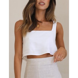 IDEALSANXUN Linen Crop Tank Tops for Women 2025 Summer Sleeveless Casual Cute Square Neck Tank Tops, White, L