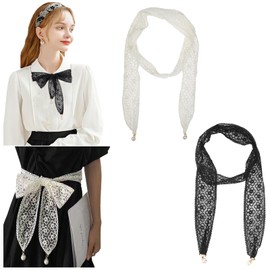 JK Home 2pcs Women's Thin Belt Floral Lace Hair Ribbons Sash Headscarf Headbands Hair Band Scarf Necktie Skinny Waist Rope Belt Self-Tie Waistband Handbag Handle Wrap for Girls Black Beige