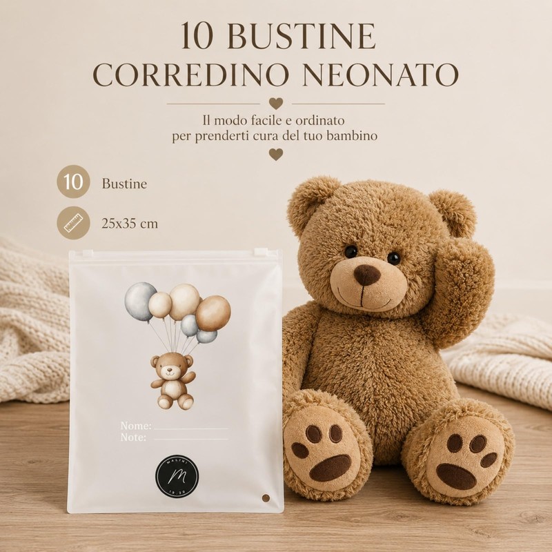 10 Bustine Corredino Neonato con Zip - Sacchetti Satinati Riutilizzabili