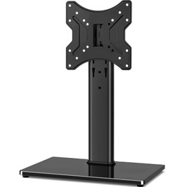 Rfiver Universal Swivel Tabletop TV Stand for Flat Screens 23 24 26 32 39 40 42 43 Inch, Heavy Duty Center Pedestal Stand Replacement with Black Tempered Glass Base and Height Adjustable Mount