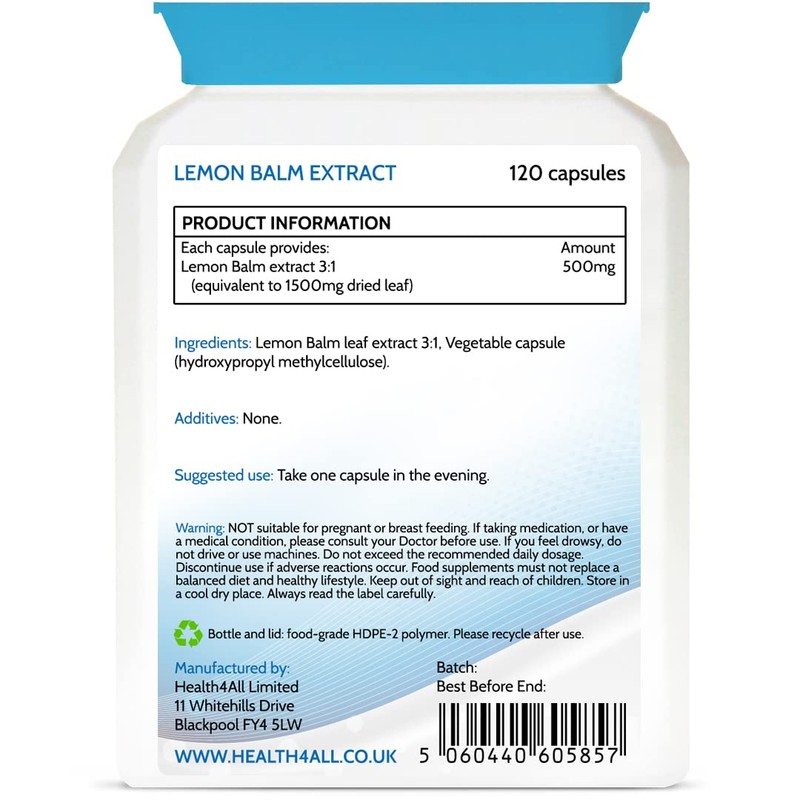 Health4All Lemon Balm Extract 1500mg 120 Capsules Purest: no additives,