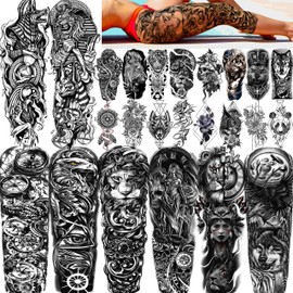 FANRUI 24 Sheets Cool Super Large Full Arm Temporary Tattoo Sleeve For Men with 8 Sheets Full Sleeve Temporary Tattoos For Women Thigh, 16 Sheets Large Flower Eagle Compass Adults Tribal Tiger Tatoo