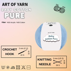 Art of Yarn Babe Cotton Pure 50% Cotton 50% Acrylic Fine 2 Yarn - Soft & Smooth Summer for Knitting, Crocheting, Amigurumi, Baby Blankets Garments – 50g (1.76 Oz), 165m (180.44 Yds) – 1 Skein 99448