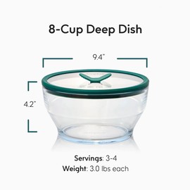 Anyday 8-Cup Glass Food Storage with Glass Lid, Round Deep Dish | Plastic-Free Meal Prep & Microwave Cookware | Stackable Airtight Storage Container with Vented Lid for Microwave-Safe Reheating