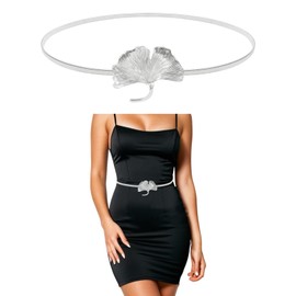 GoGou Skinny Elastic Belt for Women Adjustable Metal Waist Belt Stretch Silver Waist Belt for Dress Jeans(Silver Leaf