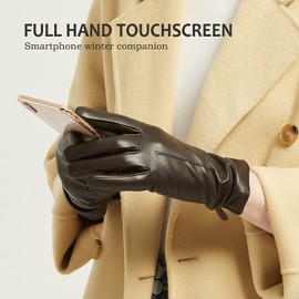 NOVBJECT Leather Gloves Winter Women's Touchscreen Lambskin Elegant Cashmere Lined Warm Outdoor Driving Gloves, brown