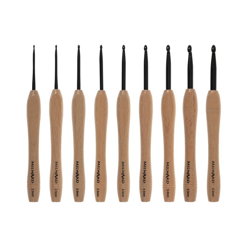 Milward Crochet Hooks Set - Smooth Beech Wood Handles Aluminium