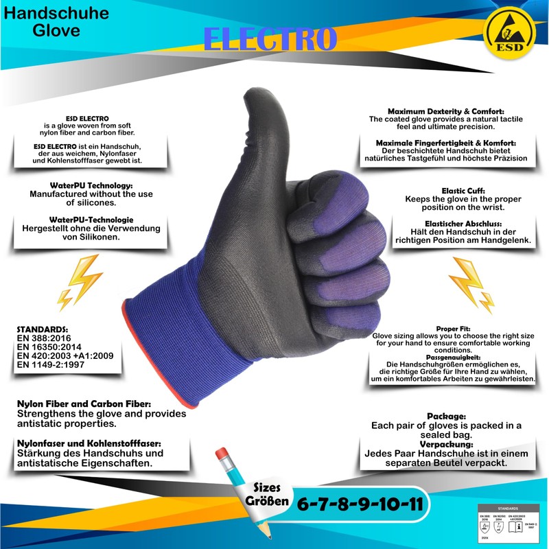 Minadax ESD Electrostatic Gloves - 2 Pairs, Size L/9 -